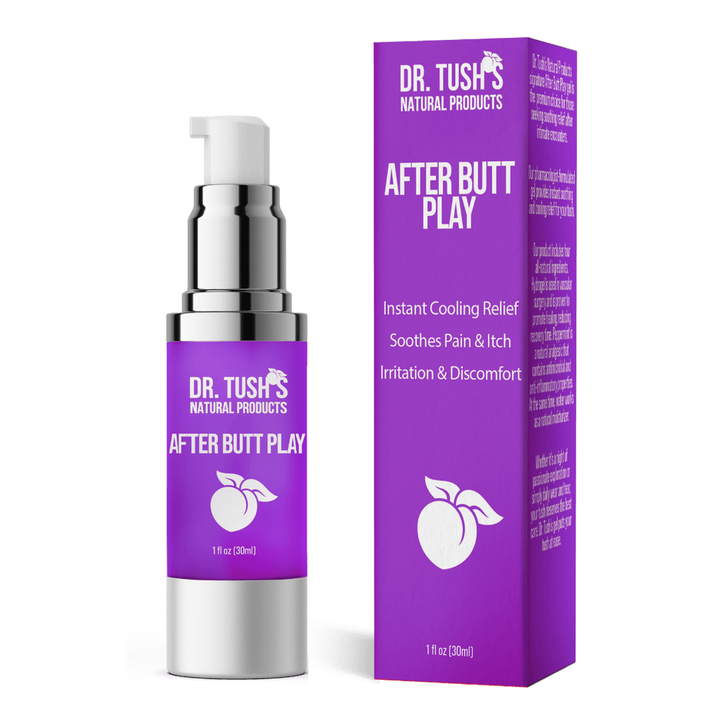 Dr. Tush After Butt Play for Everyone bottle beside purple packaging