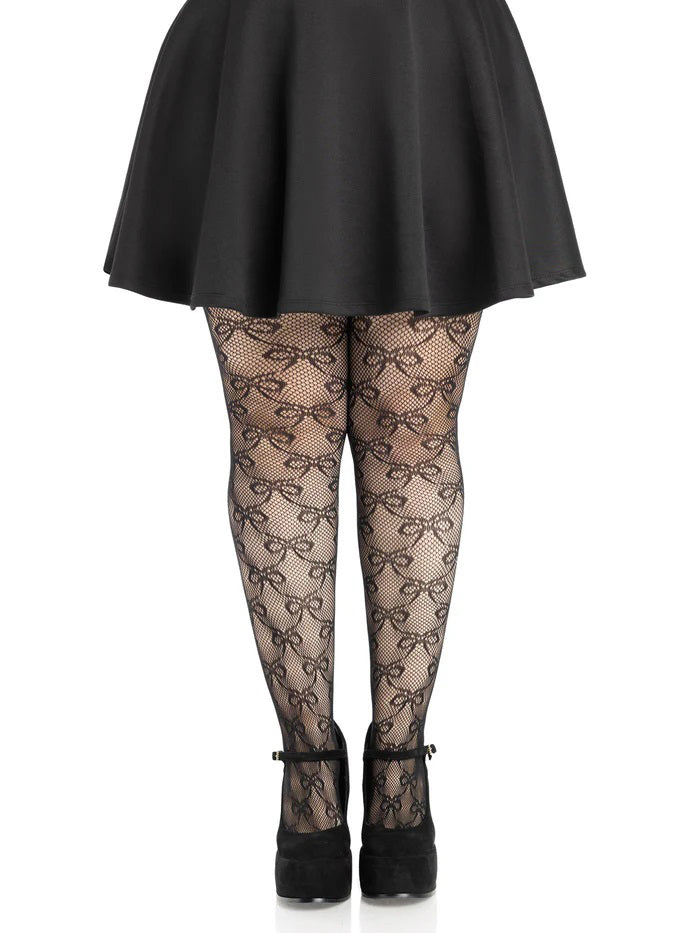 Plus Bow Net Tights - 1x 2x - Black