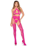 3 Pc Lace Open Cup Cross-Over Bra Top, Crotchless Panty, and Garter Belt Stockings - Os - Magenta