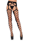 Diamond Net Opaque Stockings with Attached Garter - Black - One Size