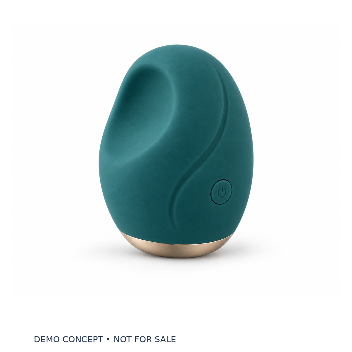 Aura Curve Vibrator (DEMO) — AI-generated fictional compact teal oval palm-style design with a sculpted thumb recess and champagne-colored base, not for sale